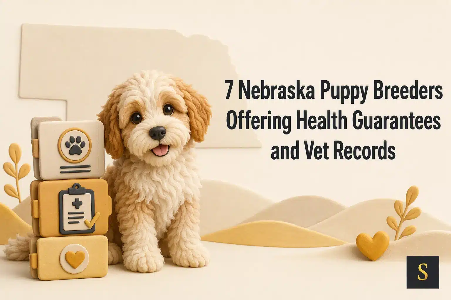 Fluffy light brown and white puppy sits next to stacked blocks with paw print, clipboard, and heart icons. Text reads "7 Nebraska Puppy Breeders Offering Health Guarantees and Vet Records.
