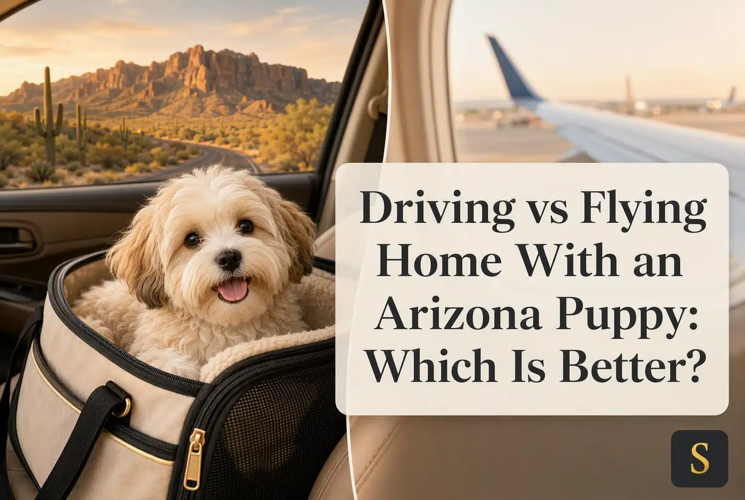 A fluffy, light-colored puppy sits happily in a carrier in a car, with a desert landscape visible through the window. Text overlay reads "Driving vs Flying Home With an Arizona Puppy: Which Is Better?".