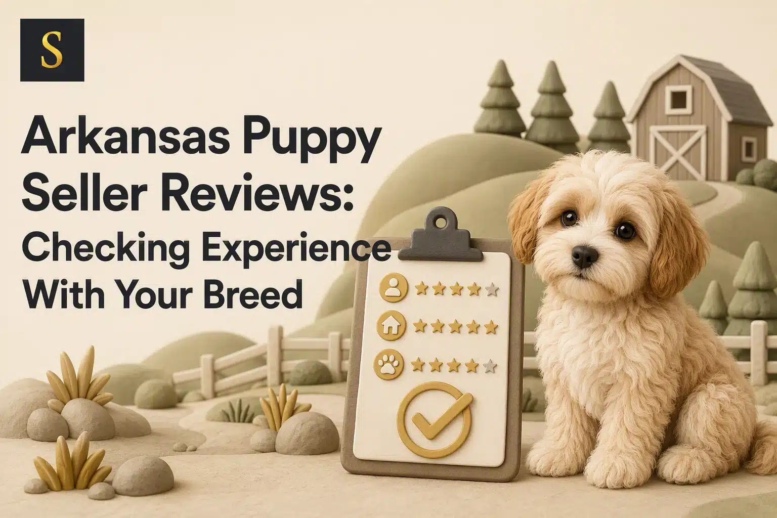 A fluffy, light brown puppy sits next to a clipboard with a star rating and checkmark, set against a whimsical, hilly landscape with stylized trees and a barn. The clipboard displays "Arkansas Puppy Seller Reviews" text.