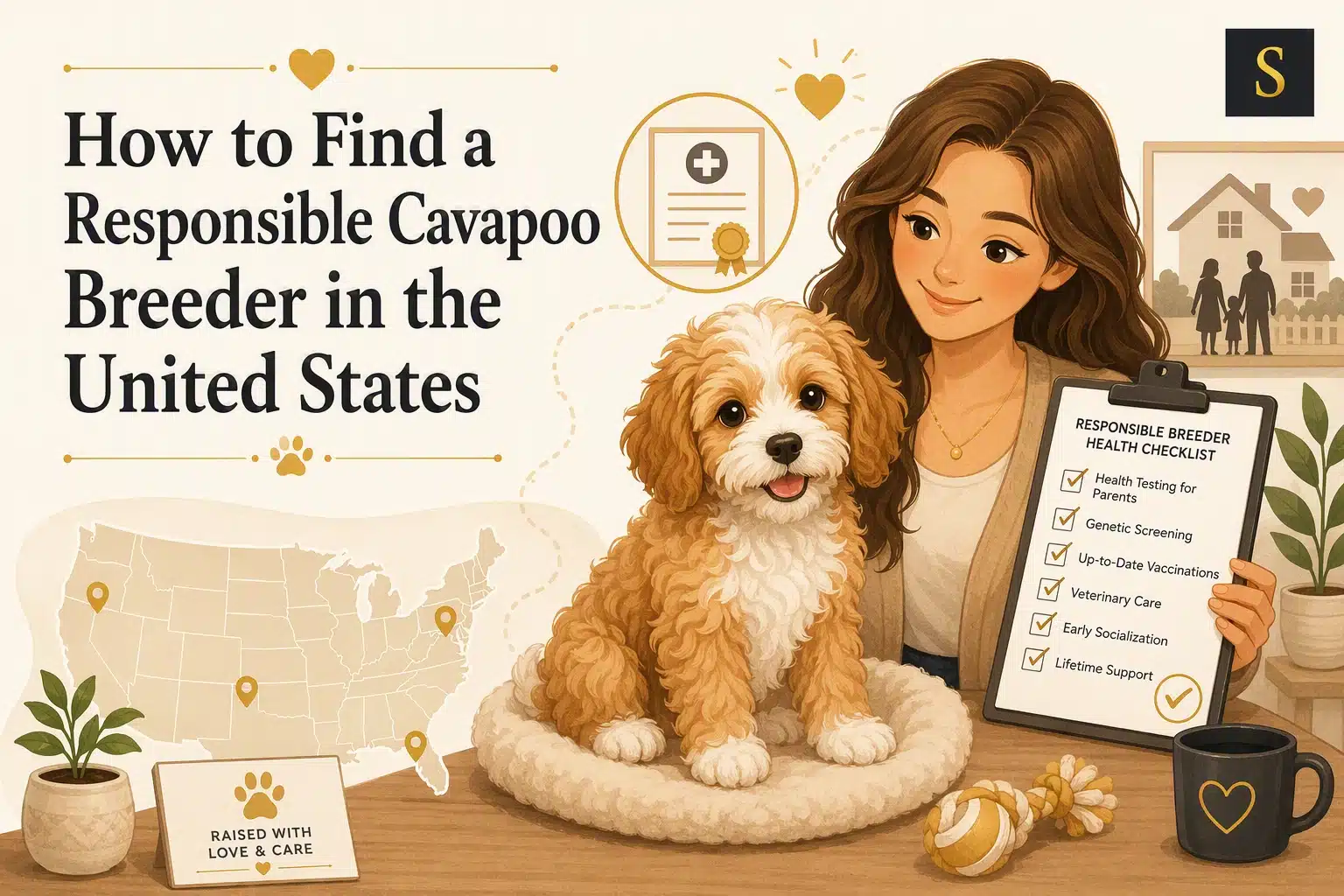 Illustration for "How to Find a Responsible Cavapoo Breeder in the United States" shows a woman holding a checklist and a cute Cavapoo puppy. A map of the US with breeder locations is in the background.