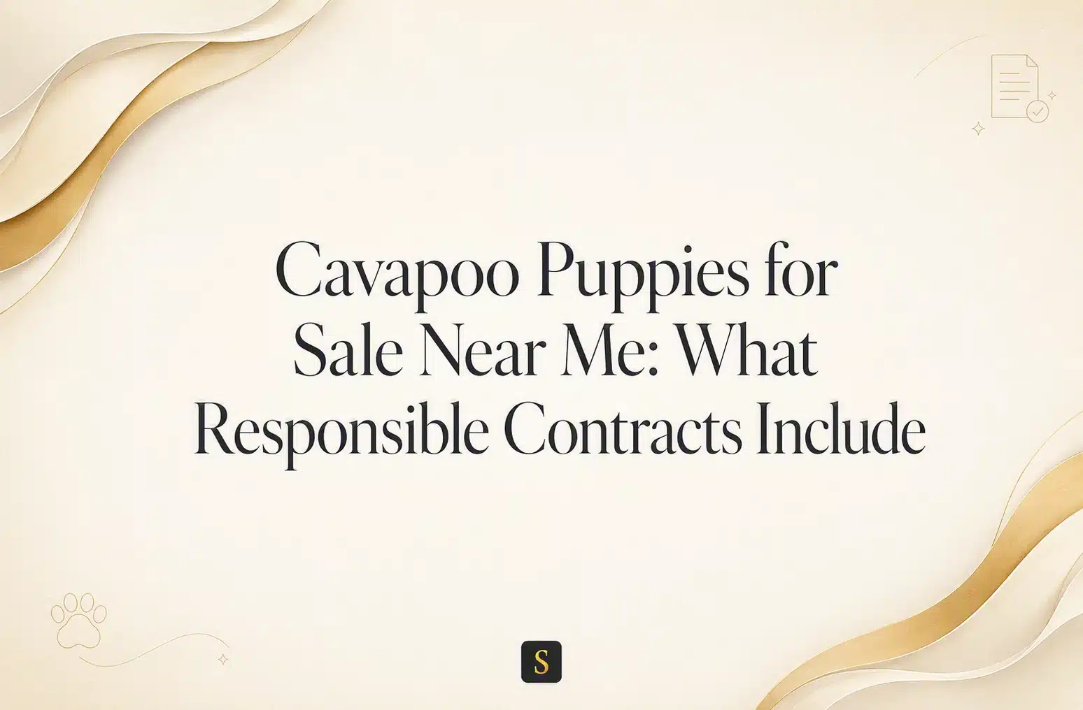Text overlay on a soft, creamy background with abstract golden waves: "Cavapoo Puppies for Sale Near Me: What Responsible Contracts Include.
