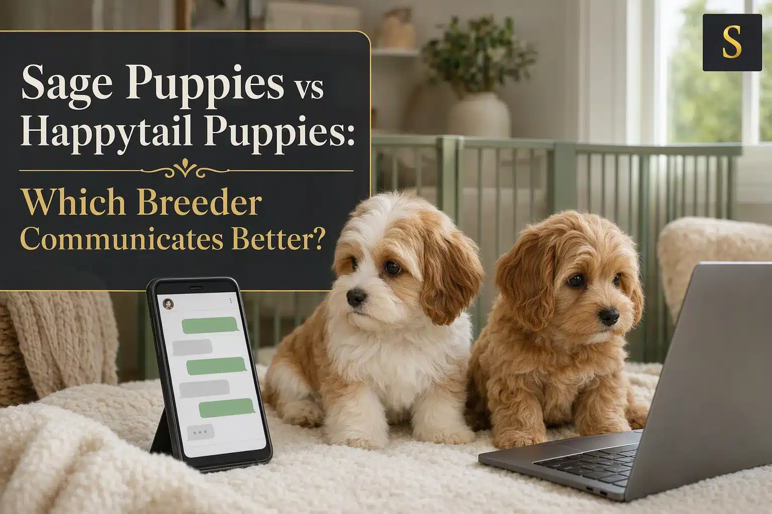 Two adorable Cavapoo puppies, one tan and white and the other light brown, sit on a cream-colored blanket. A smartphone displays a chat conversation, and a laptop is open, suggesting a comparison of Sage Puppies vs Happytail Puppies communication.