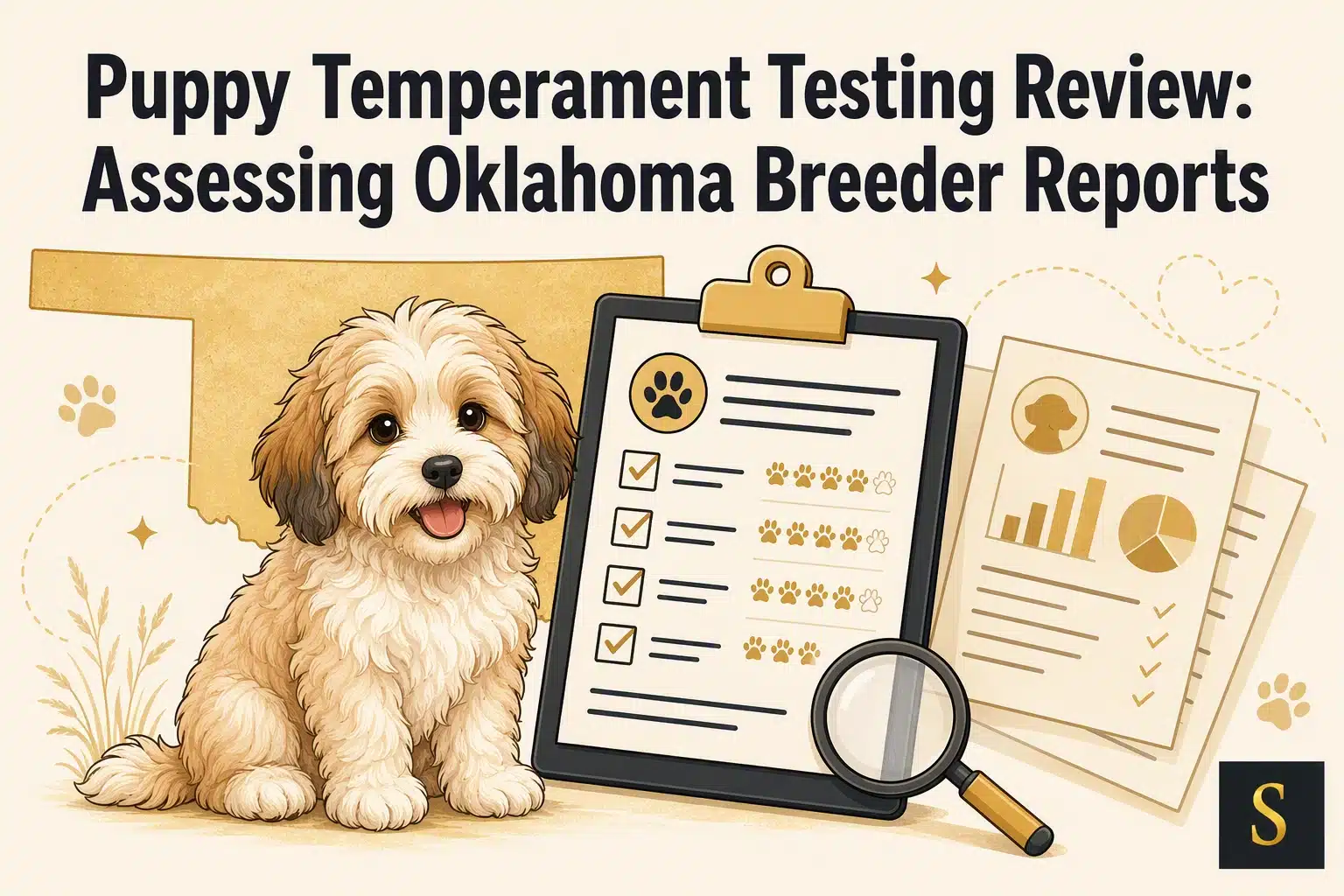 A fluffy, light brown puppy sits next to a clipboard with a checklist and paw print icons, a magnifying glass nearby. The background features a faded map of Oklahoma, paw prints, and documents, all under the title "Puppy Temperament Testing Review: Assessing Oklahoma Breeder Reports.