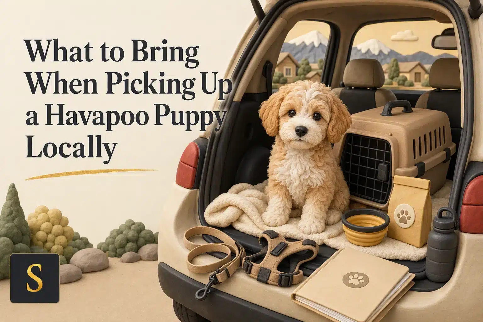 A fluffy, light brown Havapoo puppy sits in the back of an open car next to a travel crate, a leash, a food bowl, and a bag of puppy food. Text overlay reads "What to Bring When Picking Up a Havapoo Puppy Locally".