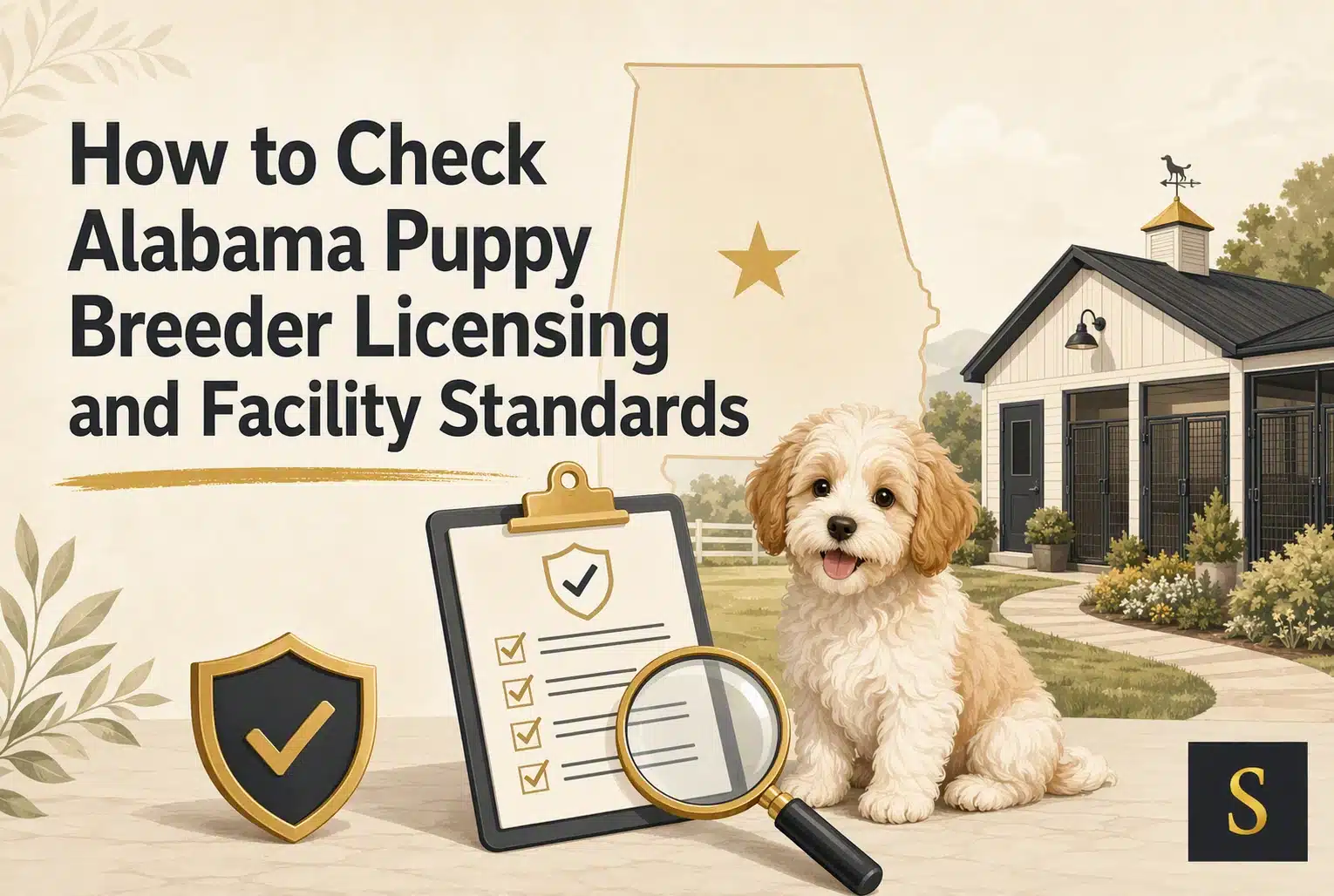 A fluffy golden doodle puppy sits by a clipboard with a checklist, magnifying glass, and a shield icon, with a map of Alabama in the background. Text reads "How to Check Alabama Puppy Breeder Licensing and Facility Standards.