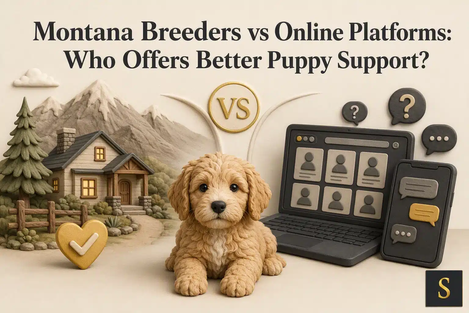 A fluffy goldendoodle puppy sits in front of a charming Montana cabin, mountains in the background, with a laptop and smartphone displaying chat icons, illustrating the blog title "Montana Breeders vs Online Platforms: Who Offers Better Puppy Support?".