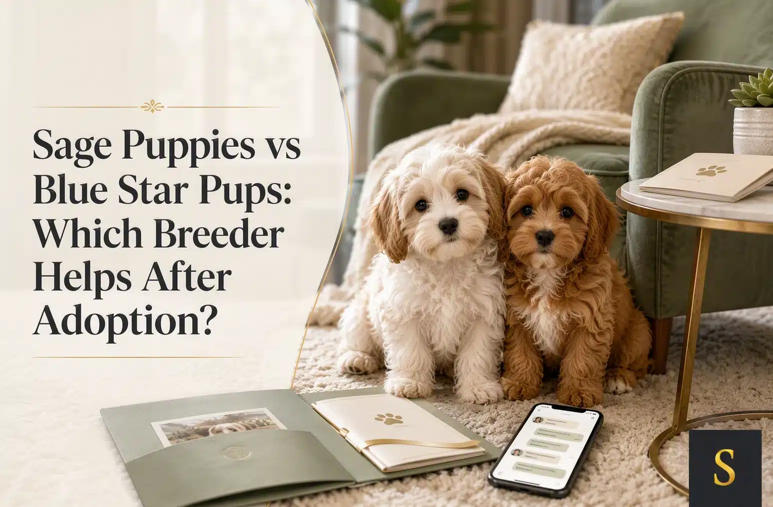 Two adorable Cavapoo puppies, one white and one golden, sit on a rug in front of a green armchair. A smartphone displays text messages, and an open folder with puppy photos sits nearby. The text "Sage Puppies vs Blue Star Pups: Which Breeder Helps After Adoption?" is overlaid on the image.