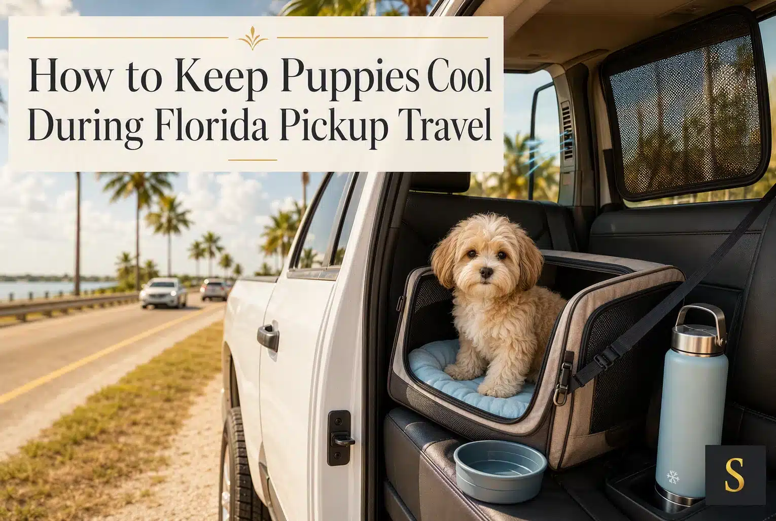A fluffy white puppy sits in a travel carrier in the back of a white pickup truck, ready for Florida pickup travel. Palm trees line the sunny roadside in the background.