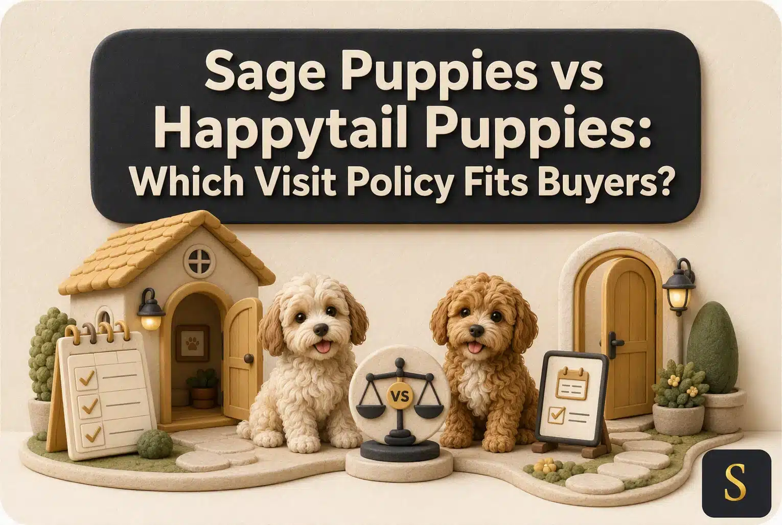 Two adorable, fluffy puppies, one cream and one brown, sit in front of miniature houses, representing Sage Puppies vs Happytail Puppies and their visit policies.