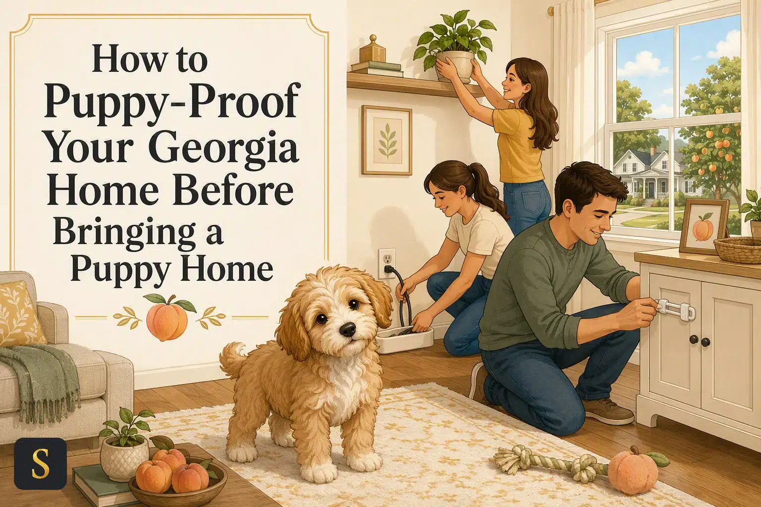 A family puppy-proofs a bright, modern Georgia home before bringing home a new puppy. The text "How to Puppy-Proof Your Georgia Home Before Bringing a Puppy Home" is overlaid on the image.