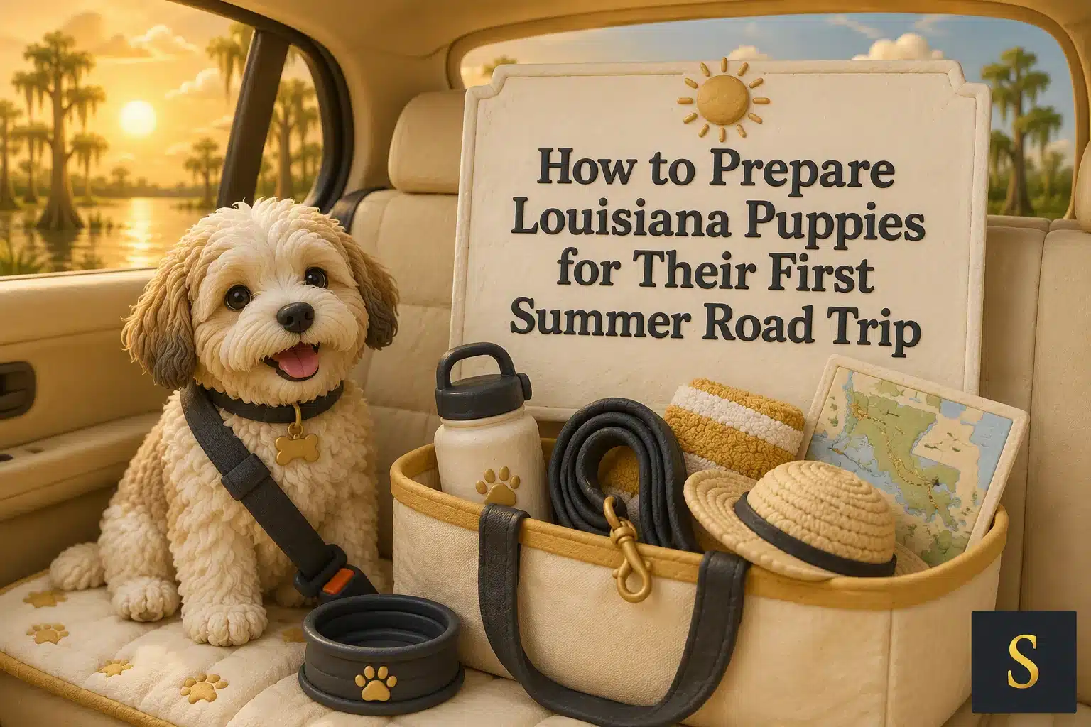 A fluffy, light-colored puppy sits in a car seat, wearing a black harness, next to a travel bag packed for a Louisiana summer road trip. The bag contains a water bottle, leash, hat, and map, with the text "How to Prepare Louisiana Puppies for Their First Summer Road Trip" visible on a sign behind them.