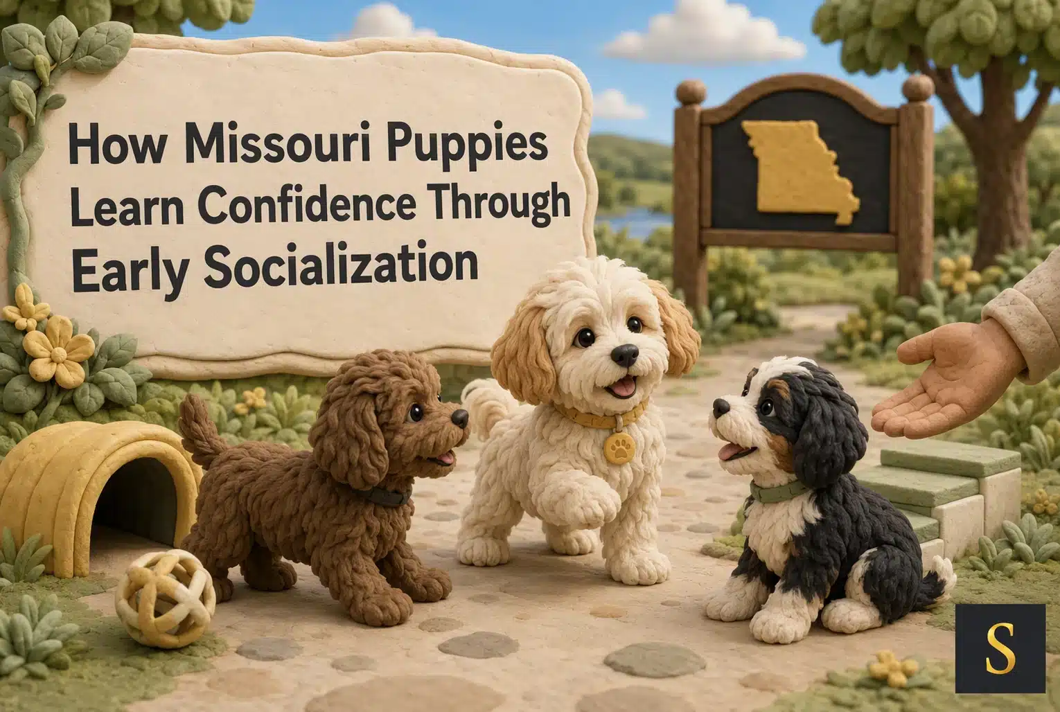 Three adorable puppies, one brown poodle mix, one cream bichon frise mix, and one black and white bernedoodle mix, play near a sign shaped like Missouri, illustrating how Missouri puppies learn confidence through early socialization.