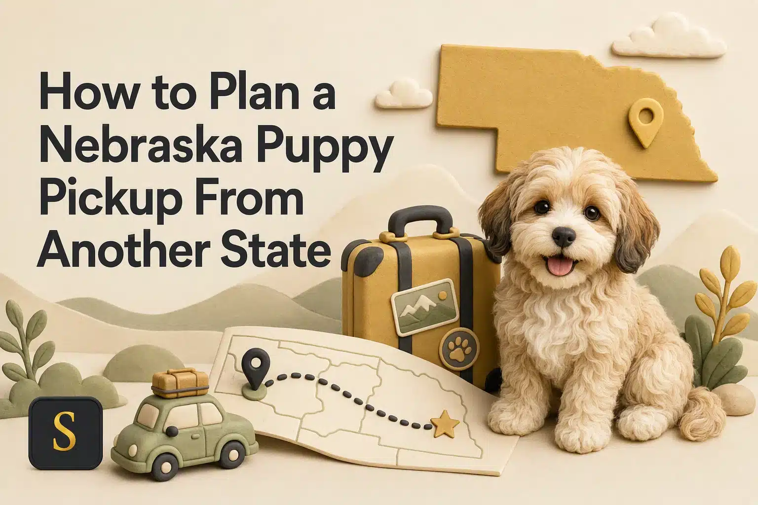 A fluffy, light brown puppy sits next to a vintage suitcase and a toy car on a map, with Nebraska's outline in the background. Text reads "How to Plan a Nebraska Puppy Pickup From Another State.
