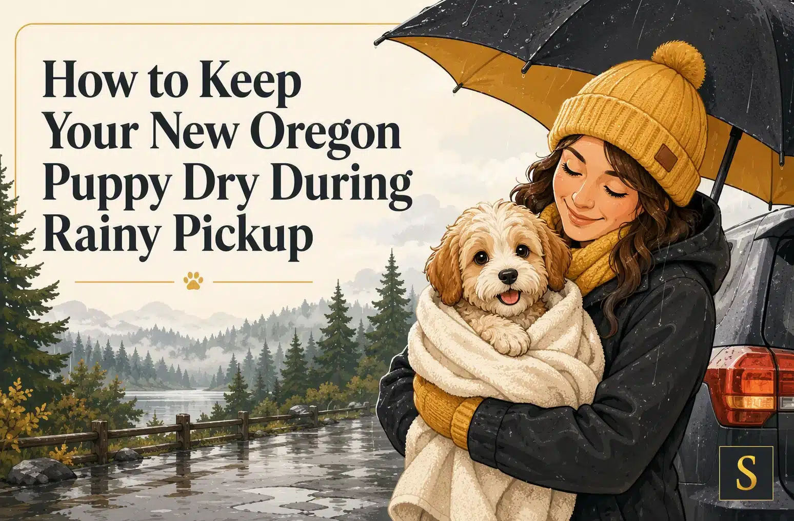 A smiling woman in a yellow beanie and scarf holds a fluffy puppy wrapped in a blanket under a black umbrella during a rainy Oregon puppy pickup. The background shows a misty, tree-lined lake and mountains.