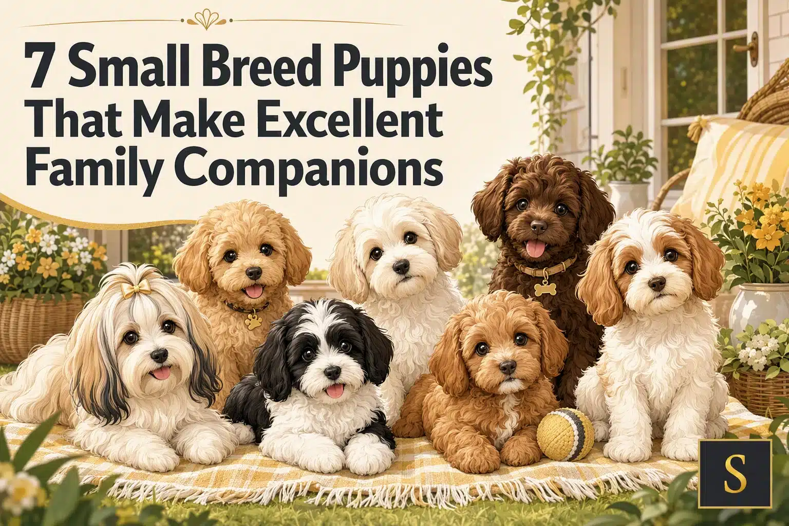Seven adorable small breed puppies, including fluffy cavapoos and a black and white parti-poodle mix, pose together on a yellow checkered blanket outdoors, embodying excellent family companions.