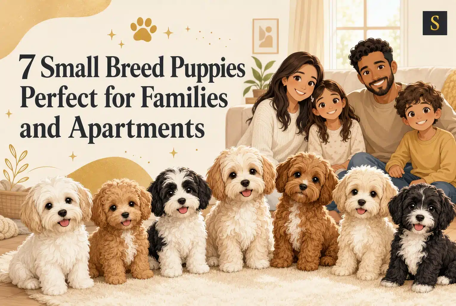 A family of four smiles warmly, surrounded by seven adorable small breed puppies, perfect for families and apartments. The text "7 Small Breed Puppies Perfect for Families and Apartments" is visible.