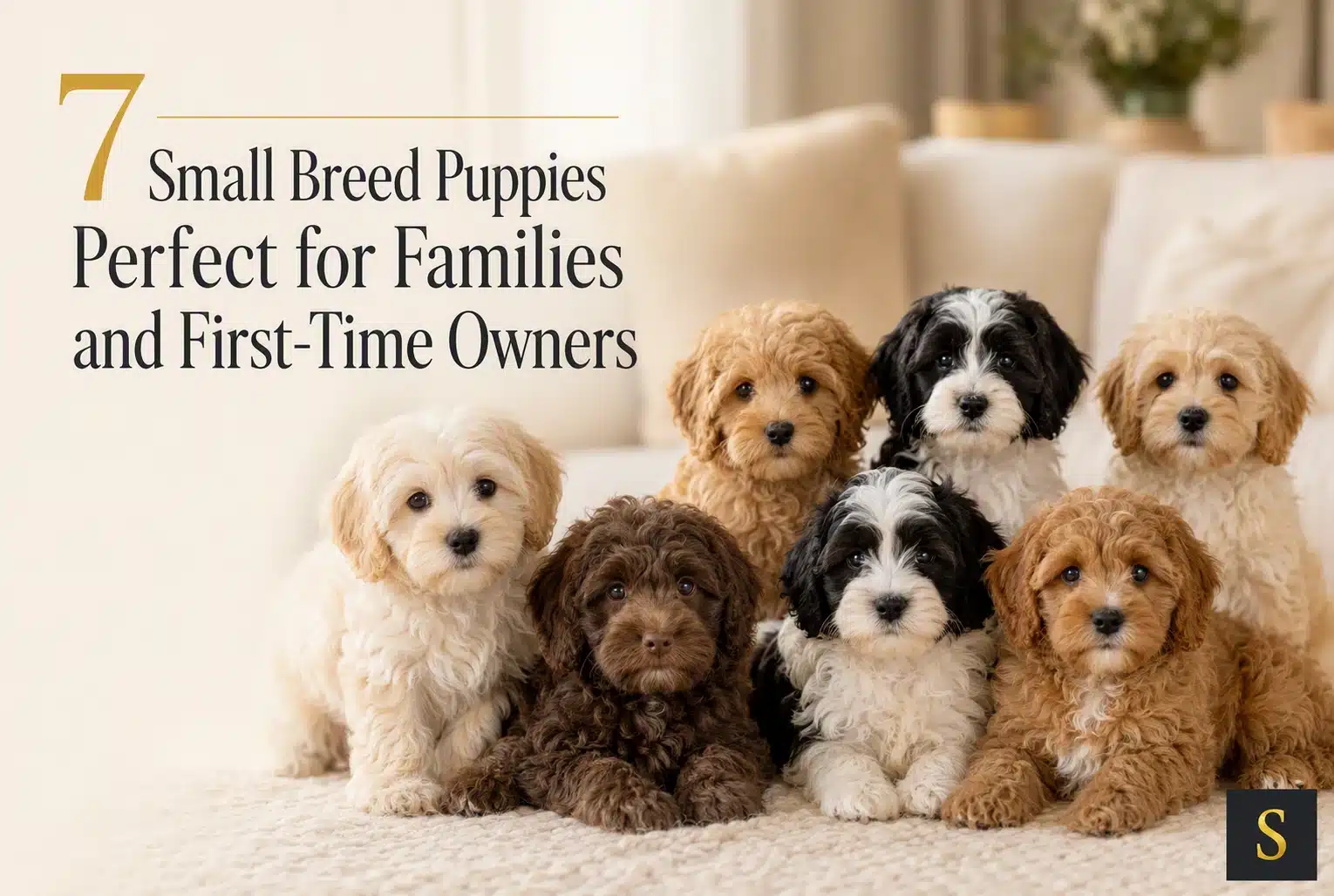Seven adorable small breed puppies, including fluffy golden and brown doodles, lie on a cream-colored rug in front of a couch. Text overlay reads "7 Small Breed Puppies Perfect for Families and First-Time Owners.