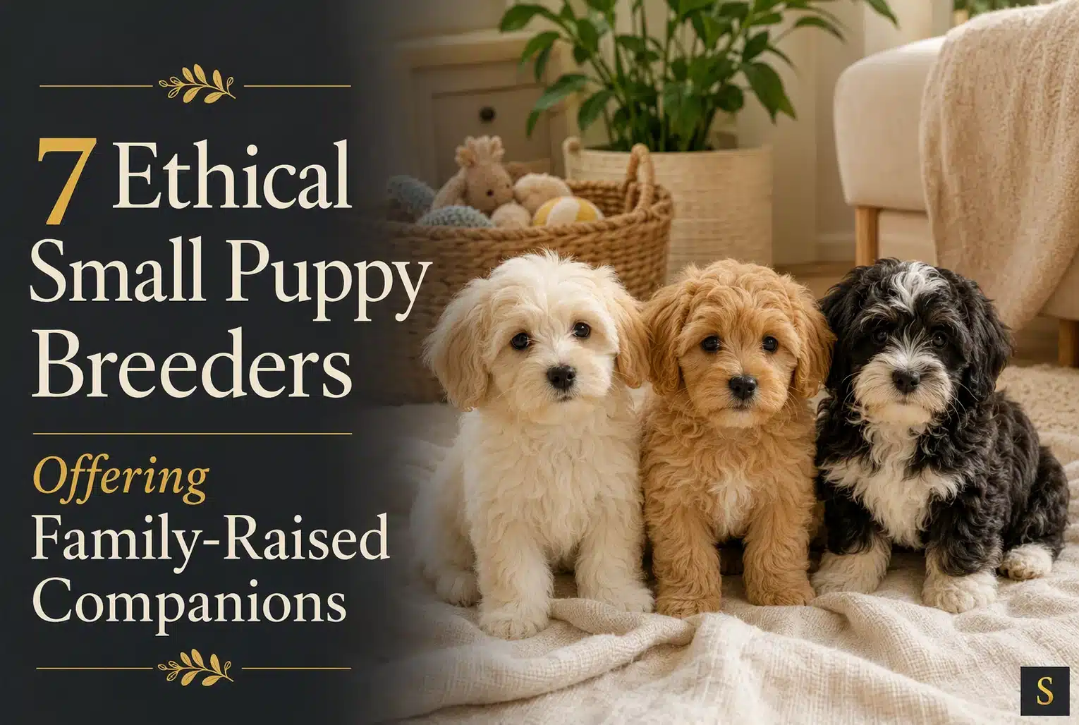 Three adorable, fluffy small puppies of different colors - cream, tan, and black and white - sit together on a soft blanket. Text overlay reads "7 Ethical Small Puppy Breeders Offering Family-Raised Companions.