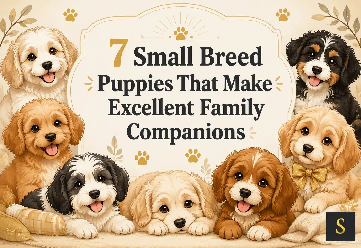 Seven adorable small breed puppies, including a fluffy golden retriever, a black and white border collie mix, and a brown and white Cavalier King Charles Spaniel, are featured in a heartwarming scene, with the text "7 Small Breed Puppies That Make Excellent Family Companions" prominently displayed.