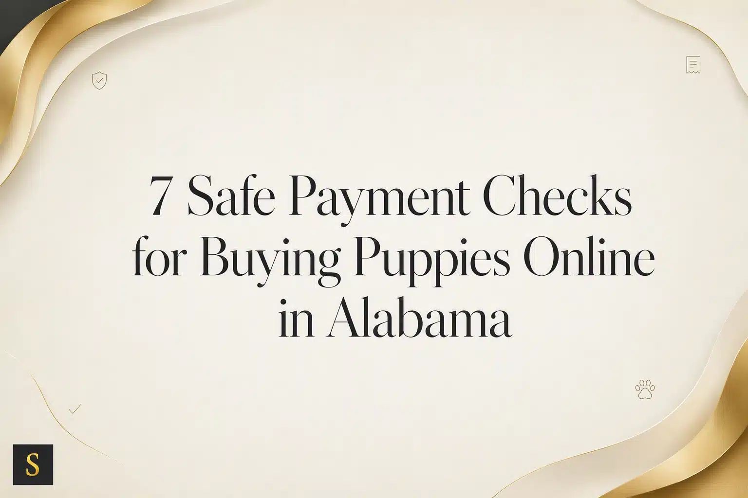 Text overlay on a cream and gold background: "7 Safe Payment Checks for Buying Puppies Online in Alabama." Small icons of a shield, document, and paw print are visible.