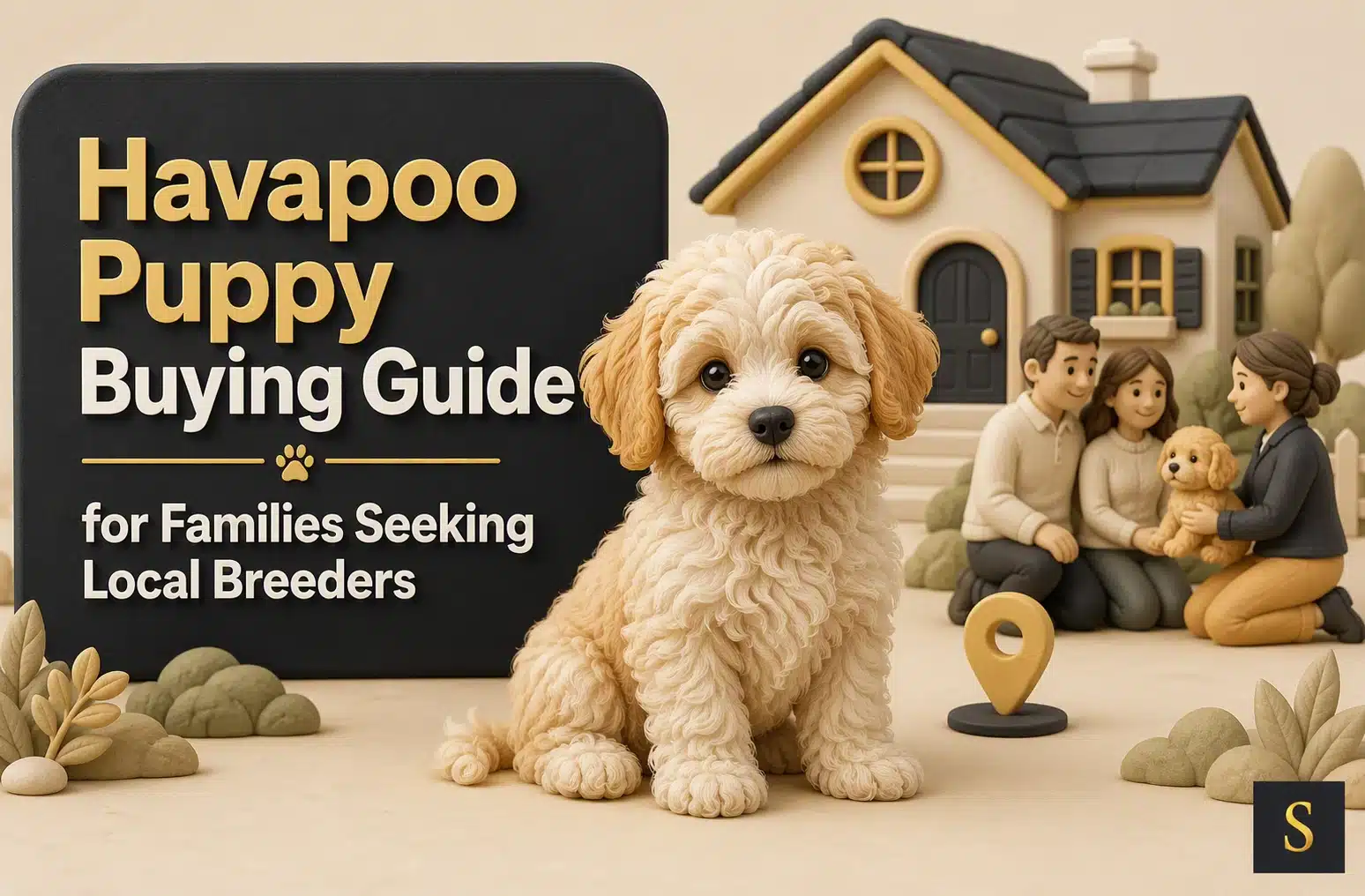A fluffy, light-colored Havapoo puppy sits in the foreground. Behind it, a stylized illustration depicts a family with two adults and a child holding a puppy outside a quaint house, with text overlaying a dark slate background: "Havapoo Puppy Buying Guide for Families Seeking Local Breeders.