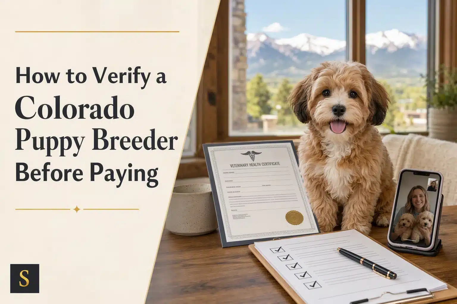 A fluffy, tan dog sits on a desk next to a veterinary health certificate and a checklist, with a video call of a woman and two puppies on a phone in the background. "How to Verify a Colorado Puppy Breeder Before Paying" is overlaid on the left.
