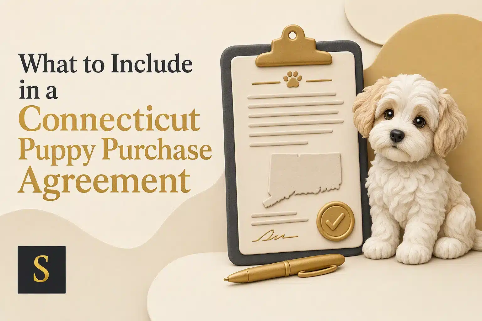 A fluffy cream-colored puppy sits next to a clipboard with a "What to Include in a Connecticut Puppy Purchase Agreement" title, a pen, and a golden paw print.