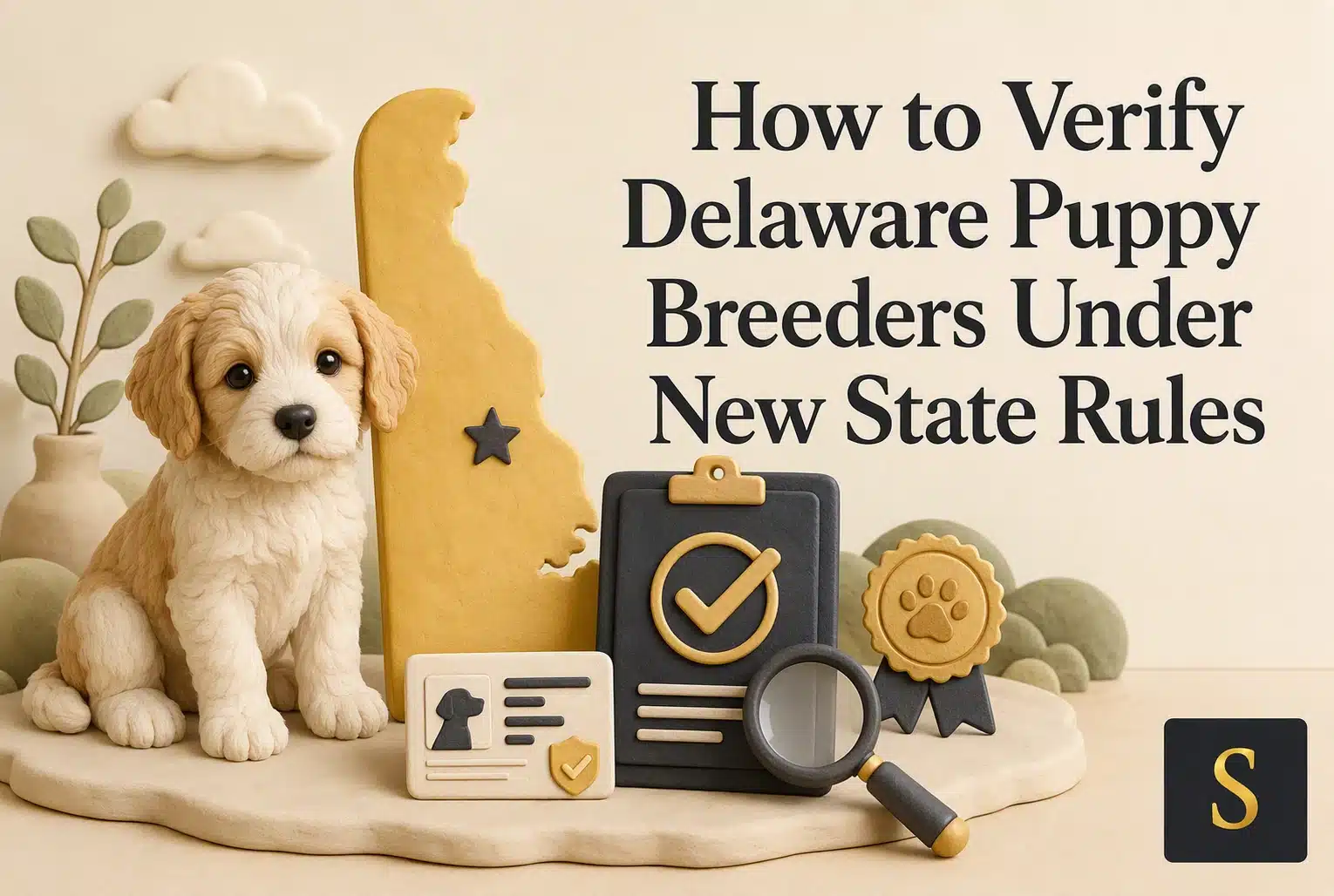 A cute puppy sits next to a clay cutout of Delaware, with icons representing official documents, a magnifying glass, and a seal, illustrating how to verify Delaware puppy breeders under new state rules.