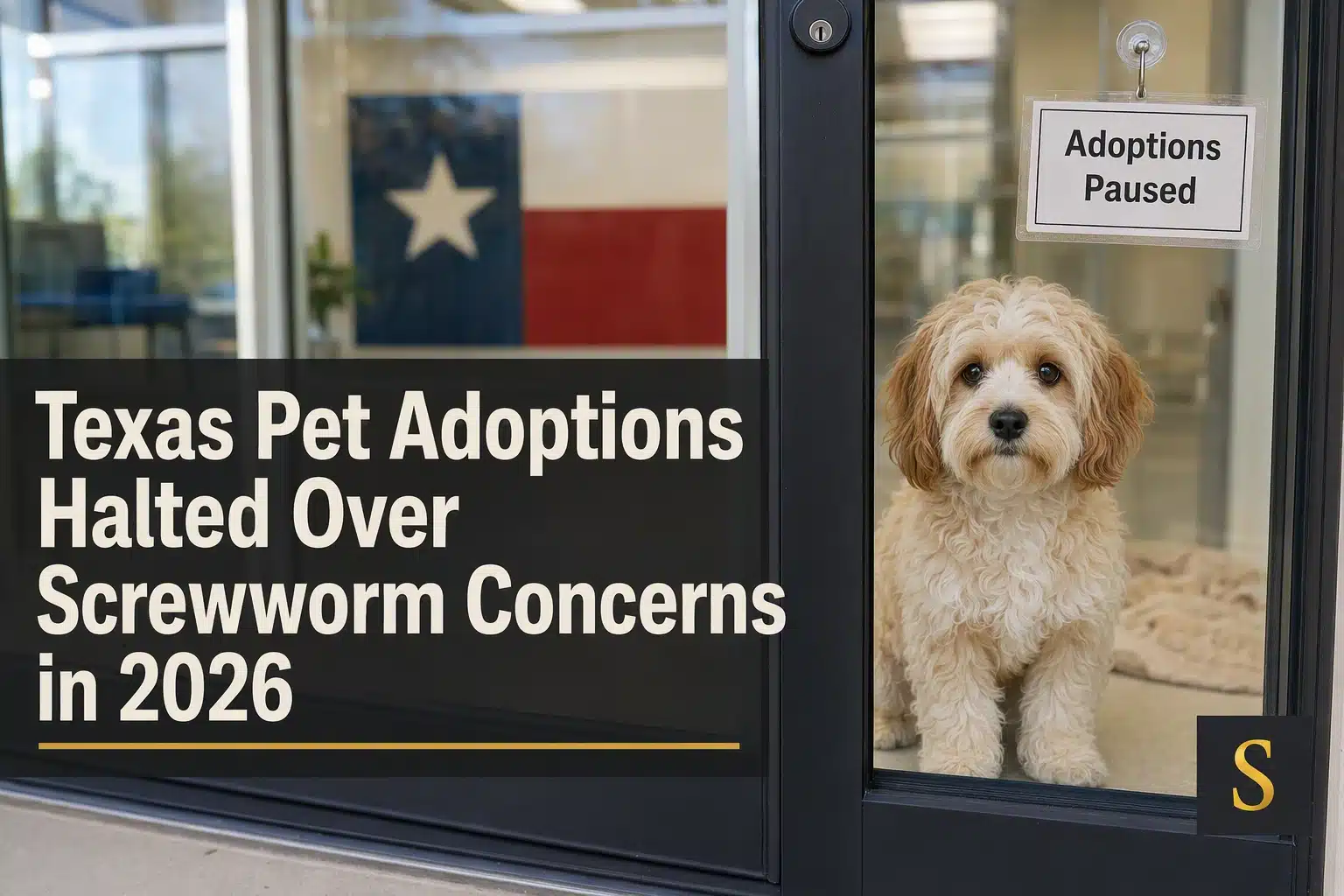A fluffy, light-colored dog looks out from behind a glass door at a Texas animal shelter, where "Adoptions Paused" is displayed due to screwworm concerns.