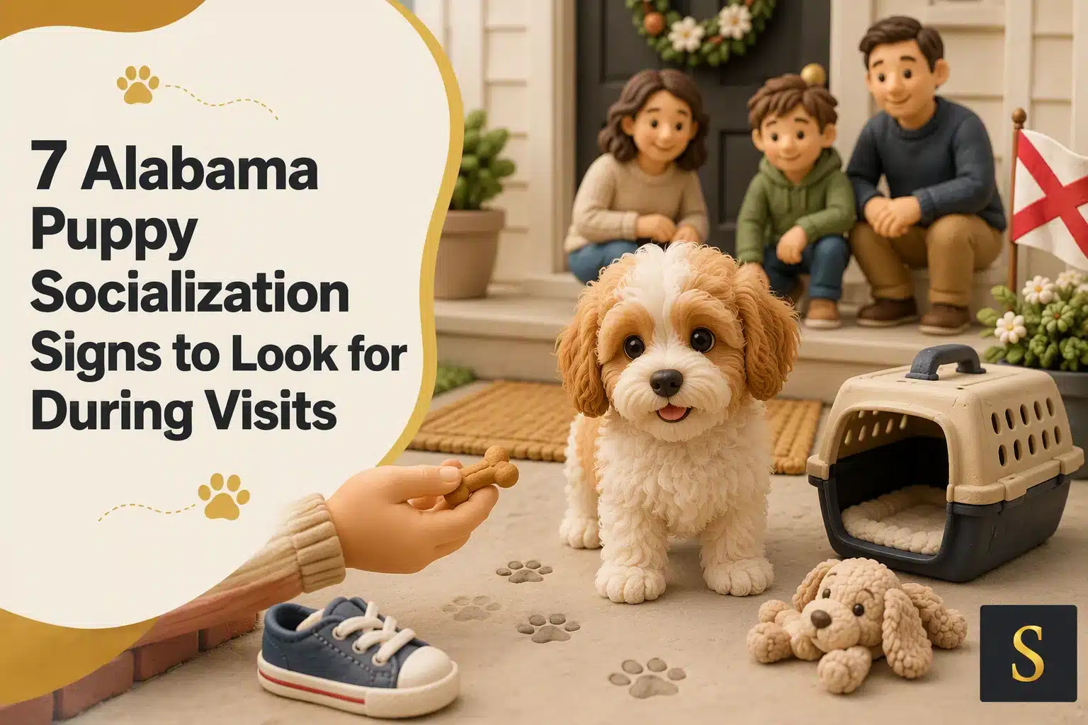 A fluffy white and tan puppy sits on a welcome mat with paw prints, looking at a hand offering a bone. A family watches from a porch behind. The text "7 Alabama Puppy Socialization Signs to Look for During Visits" is visible.
