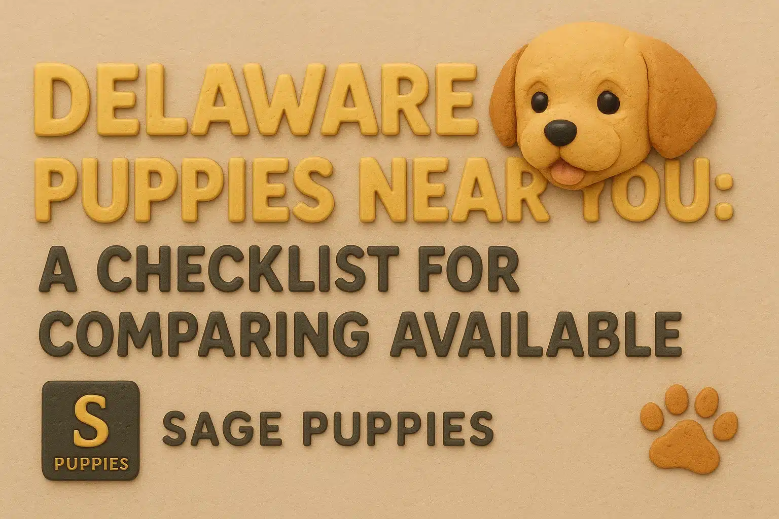 Delaware puppies near you: A checklist for comparing available Sage Puppies. A cute, cartoon-like golden retriever puppy head peeks from the top right corner. The text "DELAWARE PUPPIES NEAR YOU: A CHECKLIST FOR COMPARING AVAILABLE SAGE PUPPIES" is displayed in textured, yellow, 3D letters. A paw print icon is in the bottom right.