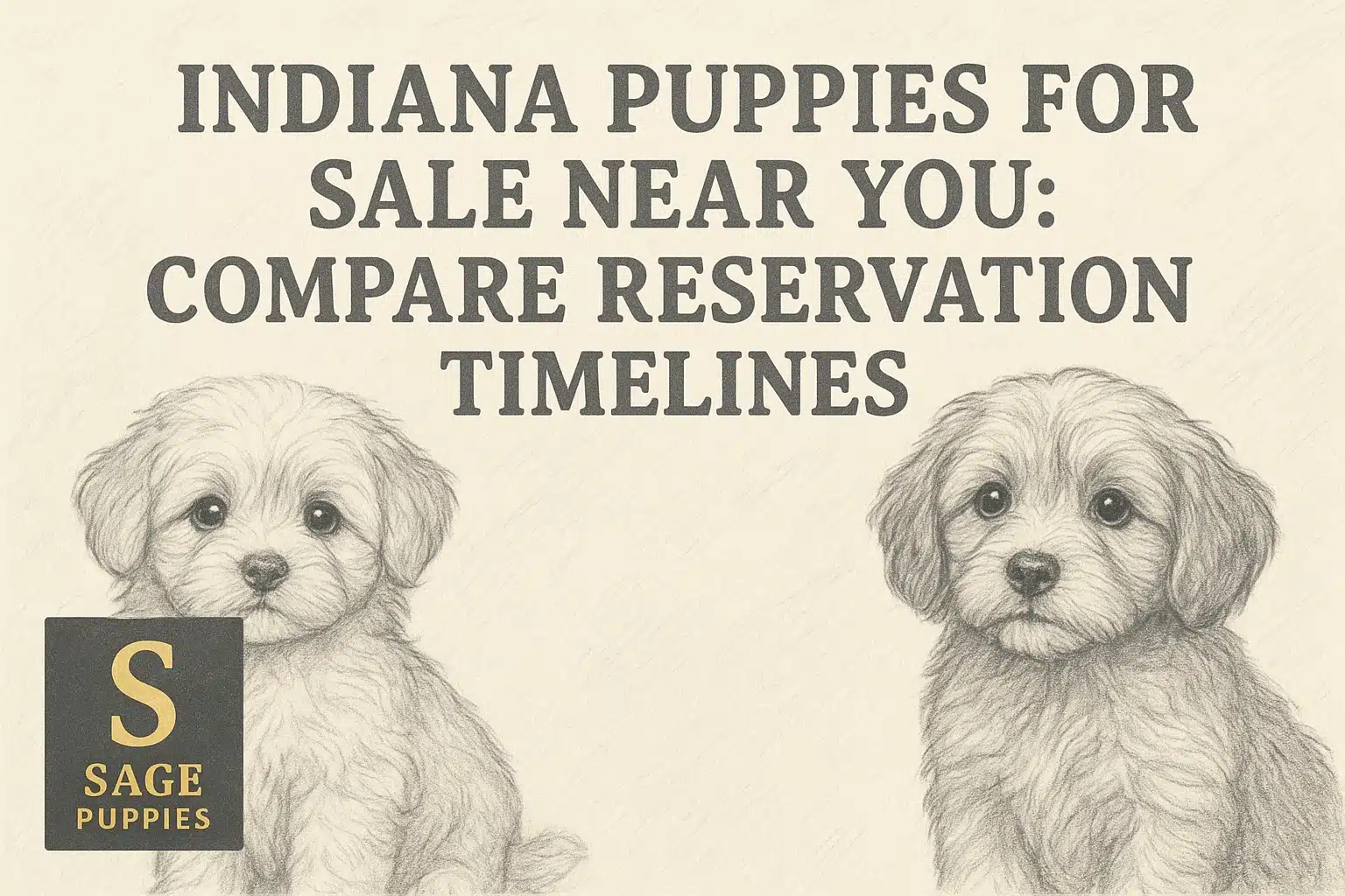 Pencil sketch of two adorable fluffy puppies, one on the left with a "S Sage Puppies" logo, and another on the right. Text reads "INDIANA PUPPIES FOR SALE NEAR YOU: COMPARE RESERVATION TIMELINES".