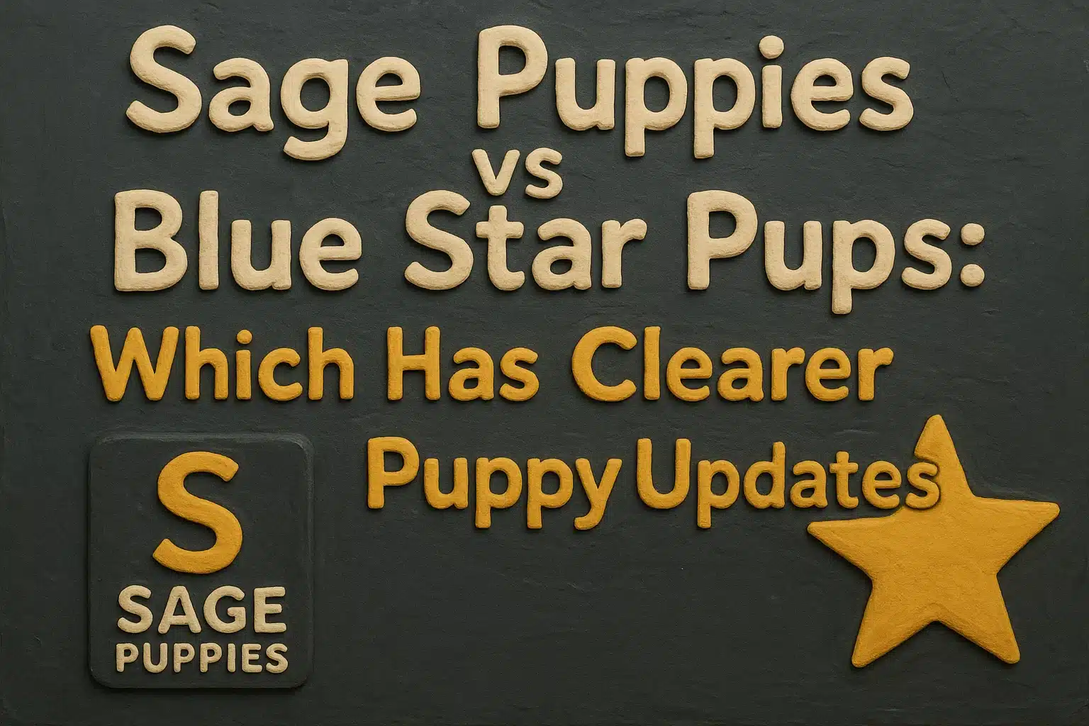 Title card for "Sage Puppies vs Blue Star Pups: Which Has Clearer Puppy Updates?", featuring embossed text on a dark slate background. A yellow star icon is on the right, and a square "S" logo for Sage Puppies is on the left.