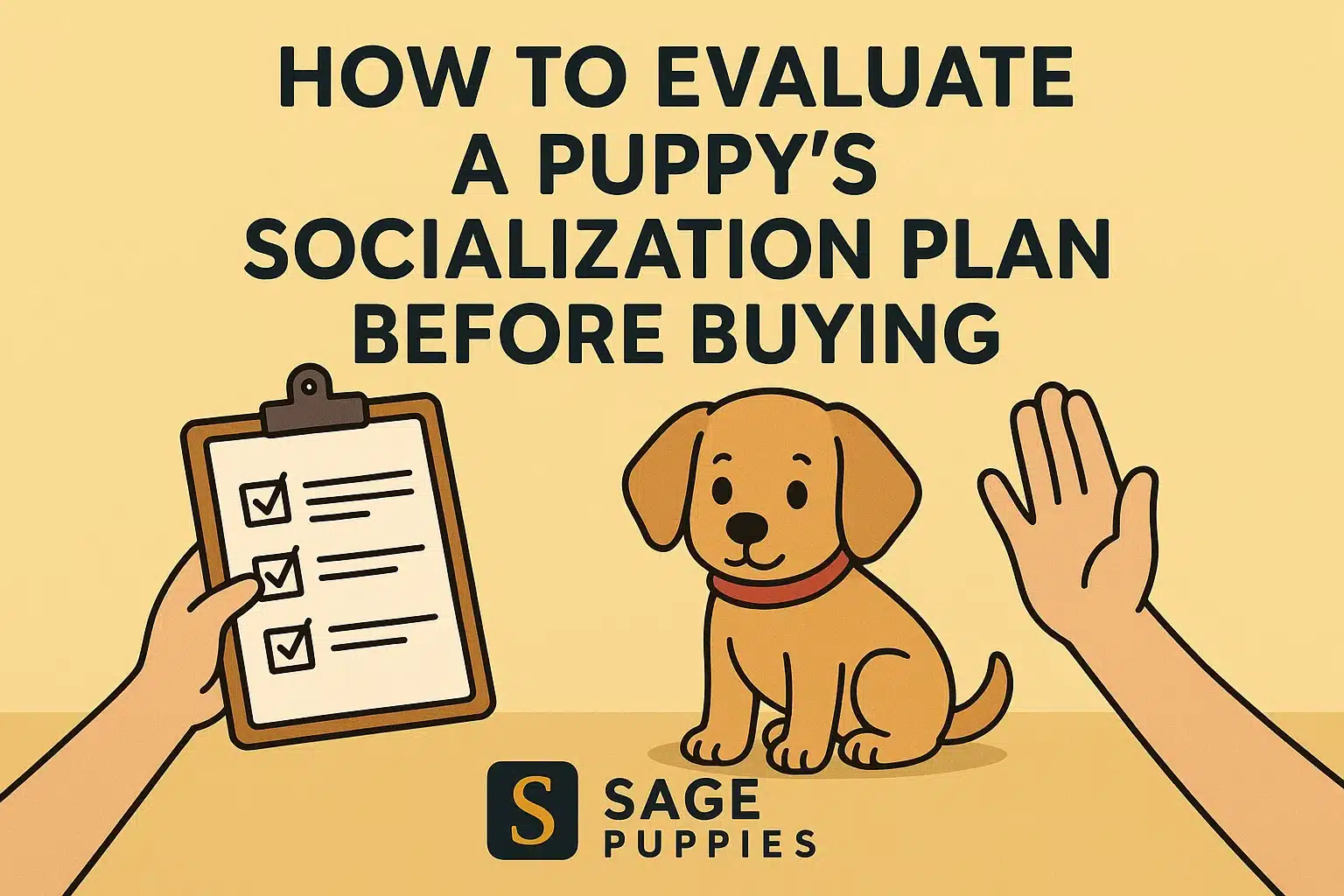 Illustration for "How to Evaluate a Puppy's Socialization Plan Before Buying" shows a checklist on a clipboard, a happy puppy, and a person's raised hand, with the Sage Puppies logo.