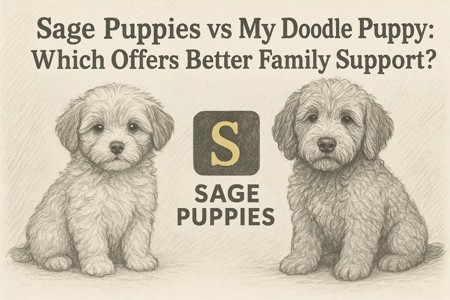 Illustration comparing Sage Puppies and a doodle puppy, with text "Sage Puppies vs My Doodle Puppy: Which Offers Better Family Support?" and a Sage Puppies logo.