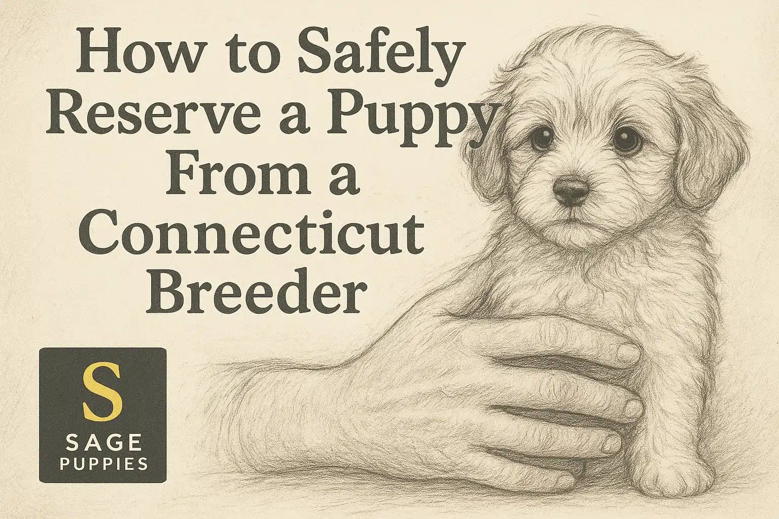 Sketch of a fluffy puppy held by a hand, with the text "How to Safely Reserve a Puppy From a Connecticut Breeder" and "S SAGE PUPPIES" overlayed on a textured background.