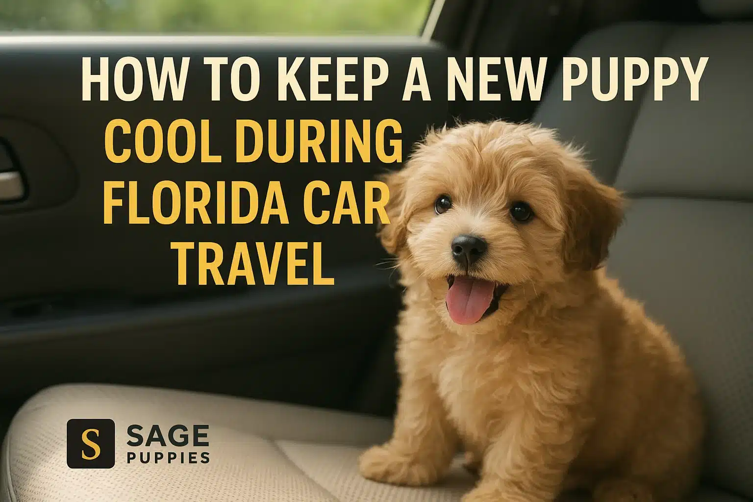 A fluffy, light brown puppy sits in the passenger seat of a car, panting with its tongue out. Text overlay reads: "How to Keep a New Puppy Cool During Florida Car Travel.