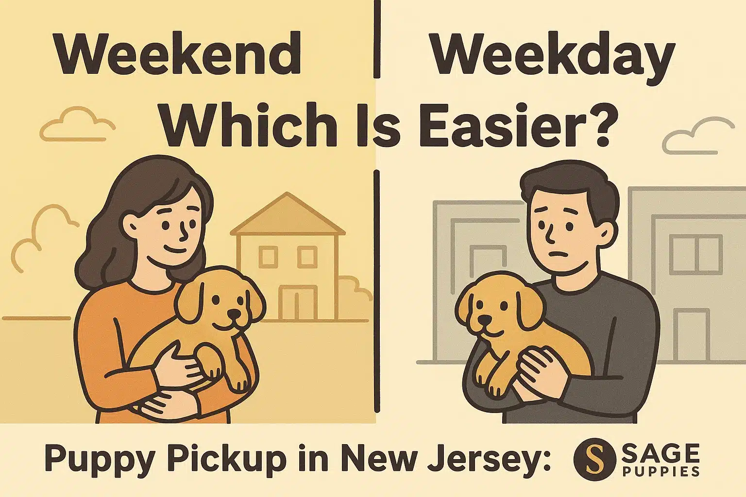 Illustration comparing weekend vs weekday puppy pickup in New Jersey. Left side shows a happy woman holding a puppy with a house in the background. Right side shows a stressed man holding a puppy with apartment buildings in the background.