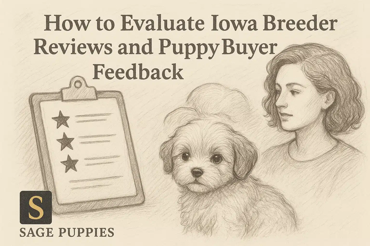 Pencil sketch of a cute puppy, a young woman, and a clipboard with three stars, illustrating how to evaluate Iowa breeder reviews and puppy buyer feedback. The Sage Puppies logo is in the bottom left.