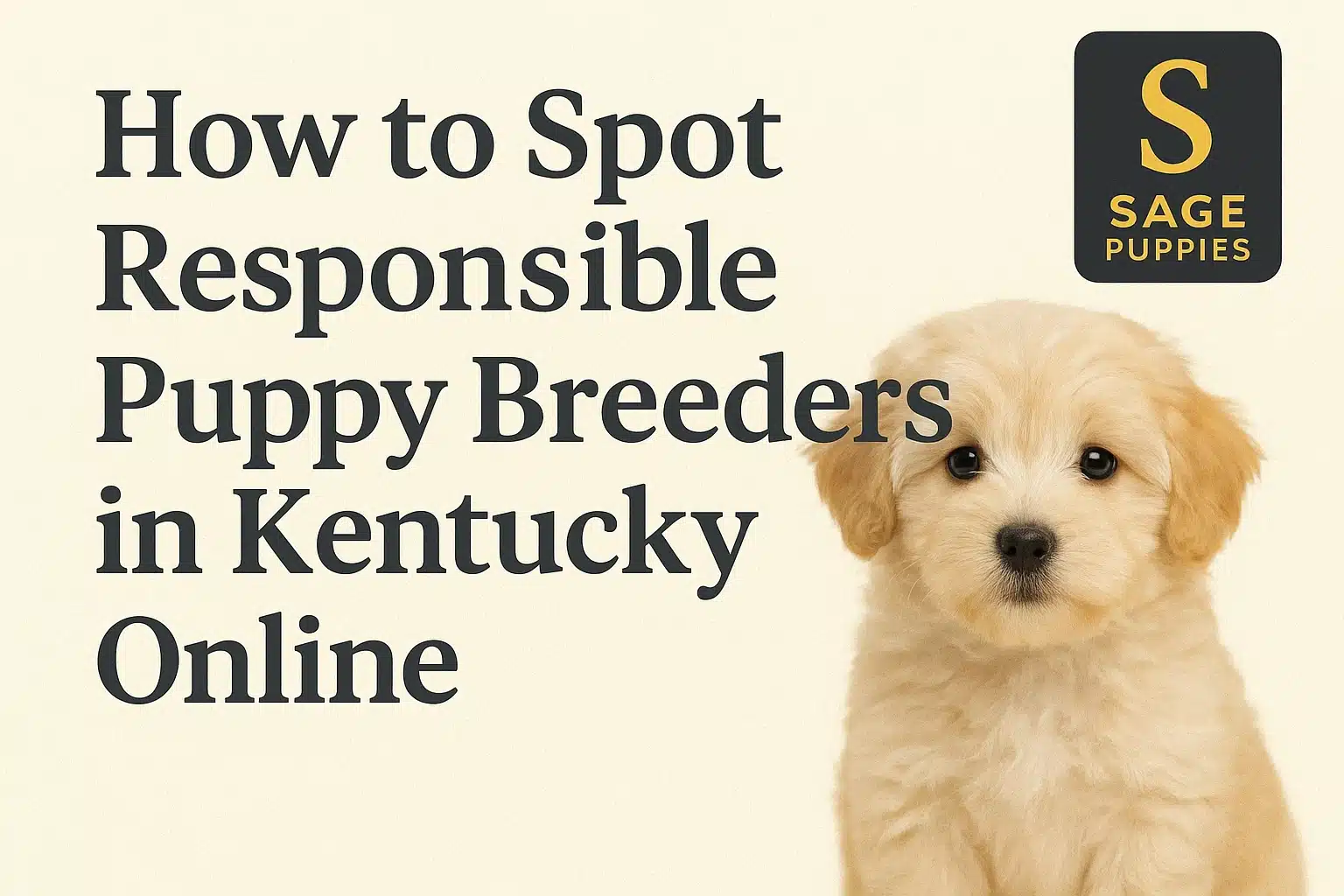 A golden retriever puppy sits on a cream background with the text "How to Spot Responsible Puppy Breeders in Kentucky Online" and the Sage Puppies logo.