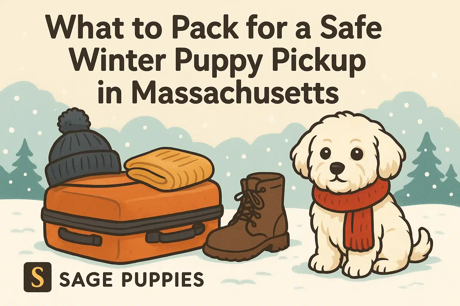 Illustration for "What to Pack for a Safe Winter Puppy Pickup in Massachusetts" blog post, featuring a cute fluffy white puppy with a red scarf, a suitcase, a winter hat, a boot, and a blanket in a snowy, stylized landscape with pine trees.