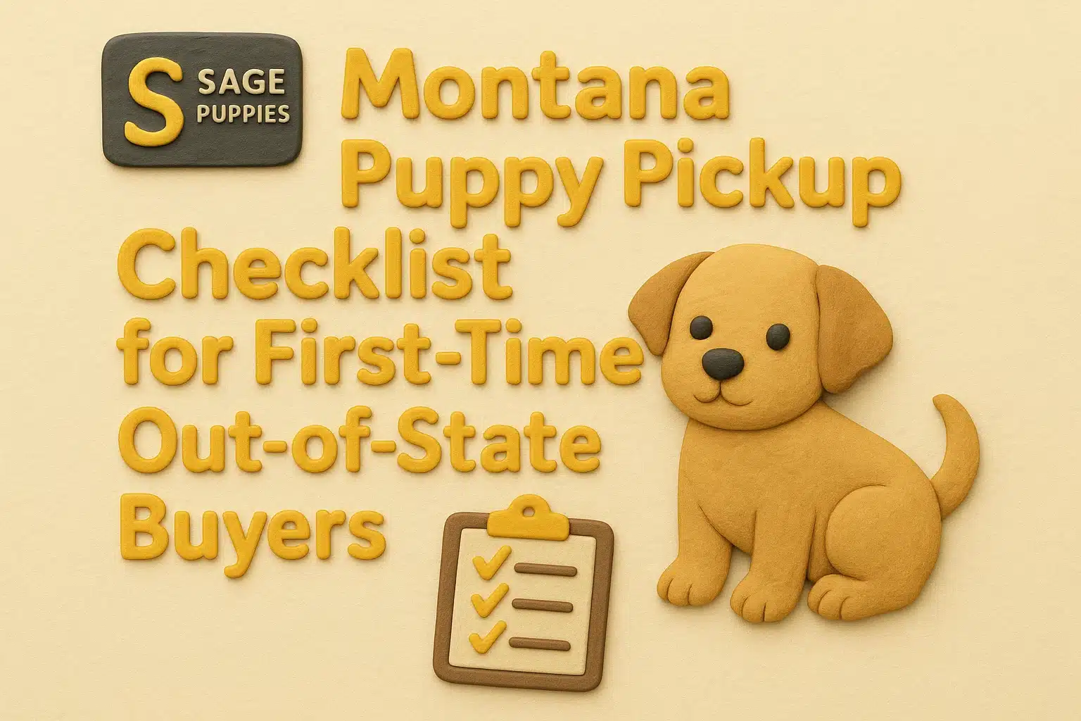 Claymation art for "Montana Puppy Pickup Checklist for First-Time Out-of-State Buyers" shows a cute golden puppy next to a clipboard with checkmarks, with the title text in yellow.
