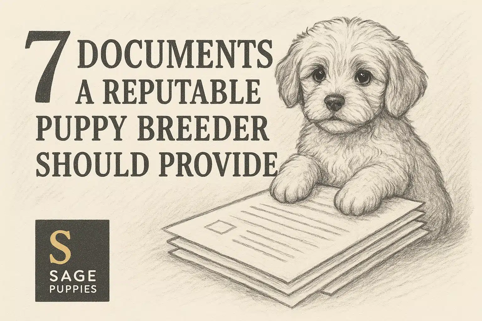 Pencil sketch of a fluffy puppy sitting behind a stack of documents, with text "7 Documents a Reputable Puppy Breeder Should Provide" and a "SAGE PUPPIES" logo.