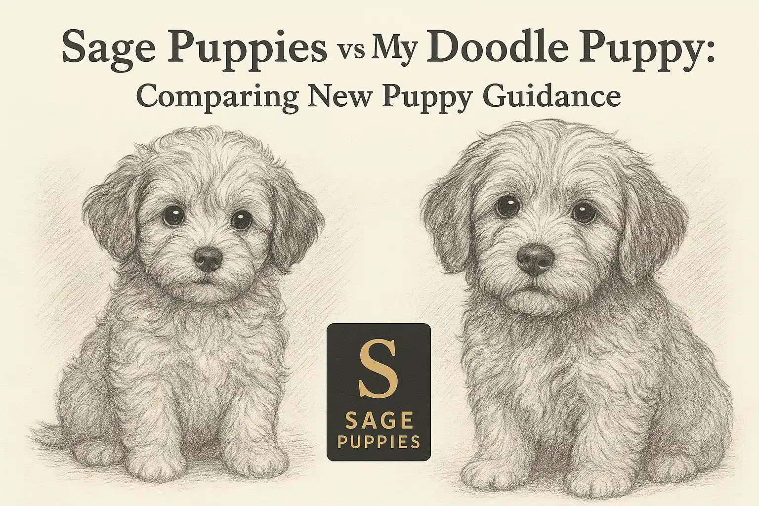 Two adorable, fluffy doodle puppies, rendered in a pencil sketch style, sit side-by-side. A black square with a gold "S" and "SAGE PUPPIES" text sits between them, referencing "Sage Puppies vs My Doodle Puppy" blog content.