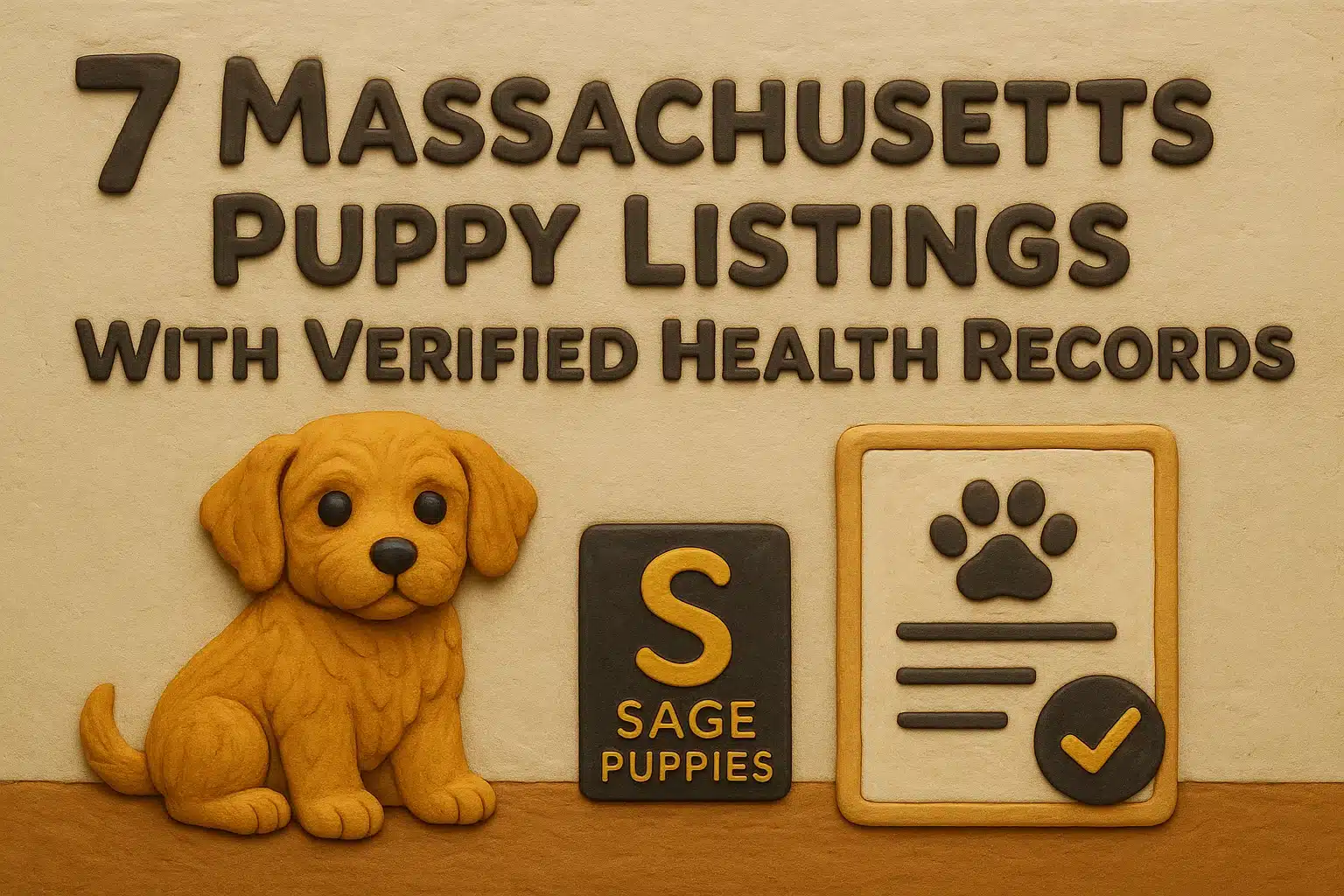 Claymation scene with text "7 Massachusetts Puppy Listings With Verified Health Records," a golden puppy, and a "Sage Puppies" logo next to a document with a paw print and checkmark.