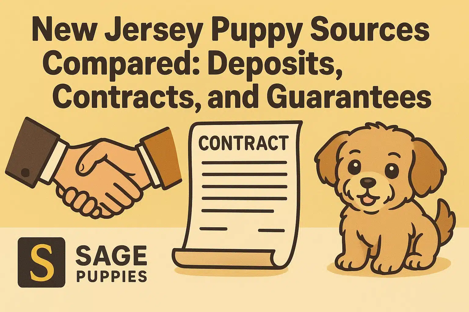 Illustration comparing New Jersey puppy sources: a handshake, a contract document, and a cute golden retriever puppy. The Sage Puppies logo is in the bottom left corner.