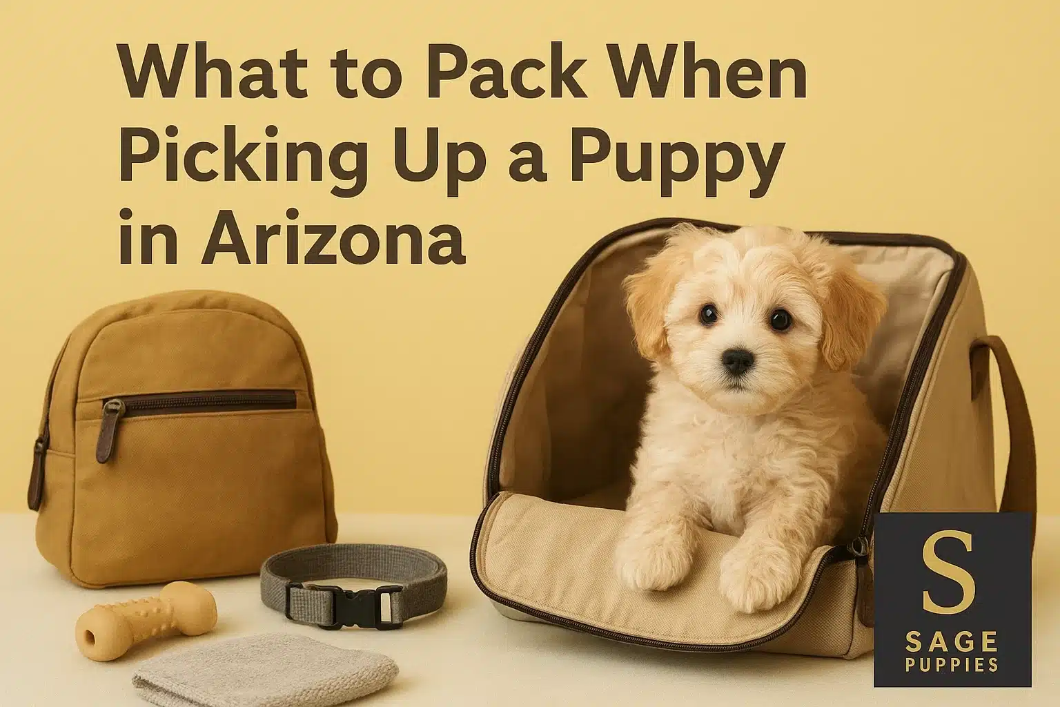 A fluffy, light-colored puppy sits in a tan pet carrier next to a matching backpack, a chew toy, a collar, and a gray cloth, with the text "What to Pack When Picking Up a Puppy in Arizona" and "Sage Puppies" visible.