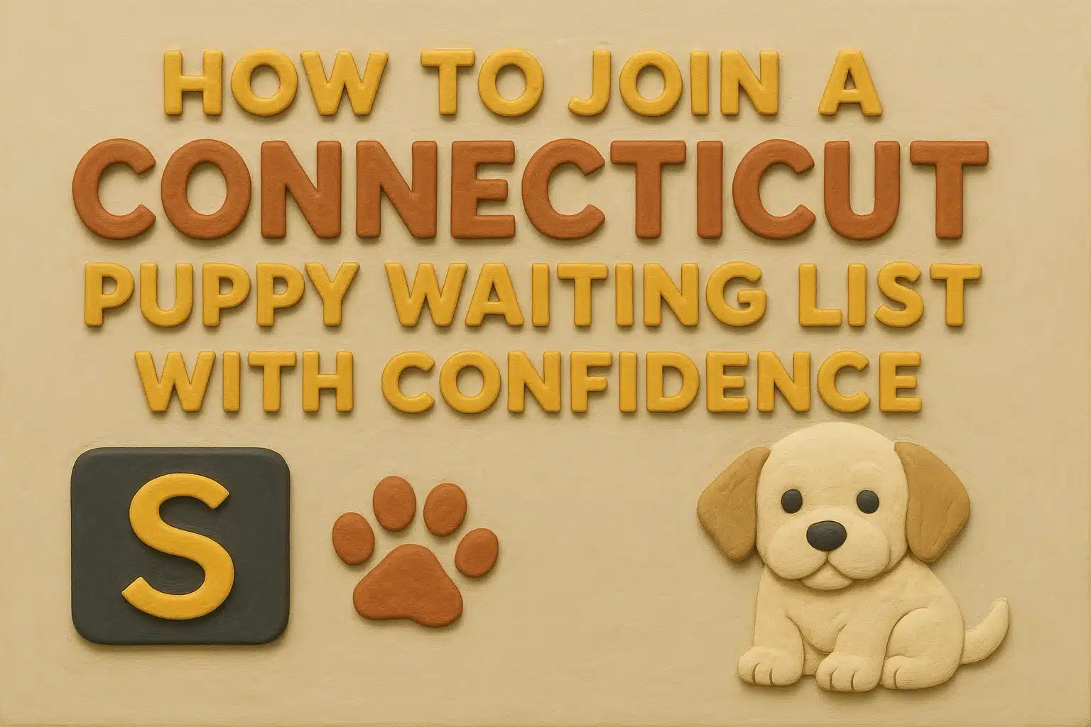 Claymation text reads "How to Join a Connecticut Puppy Waiting List With Confidence." A cute golden puppy sits to the right, with a black square containing a yellow "S" and a brown paw print to the left.