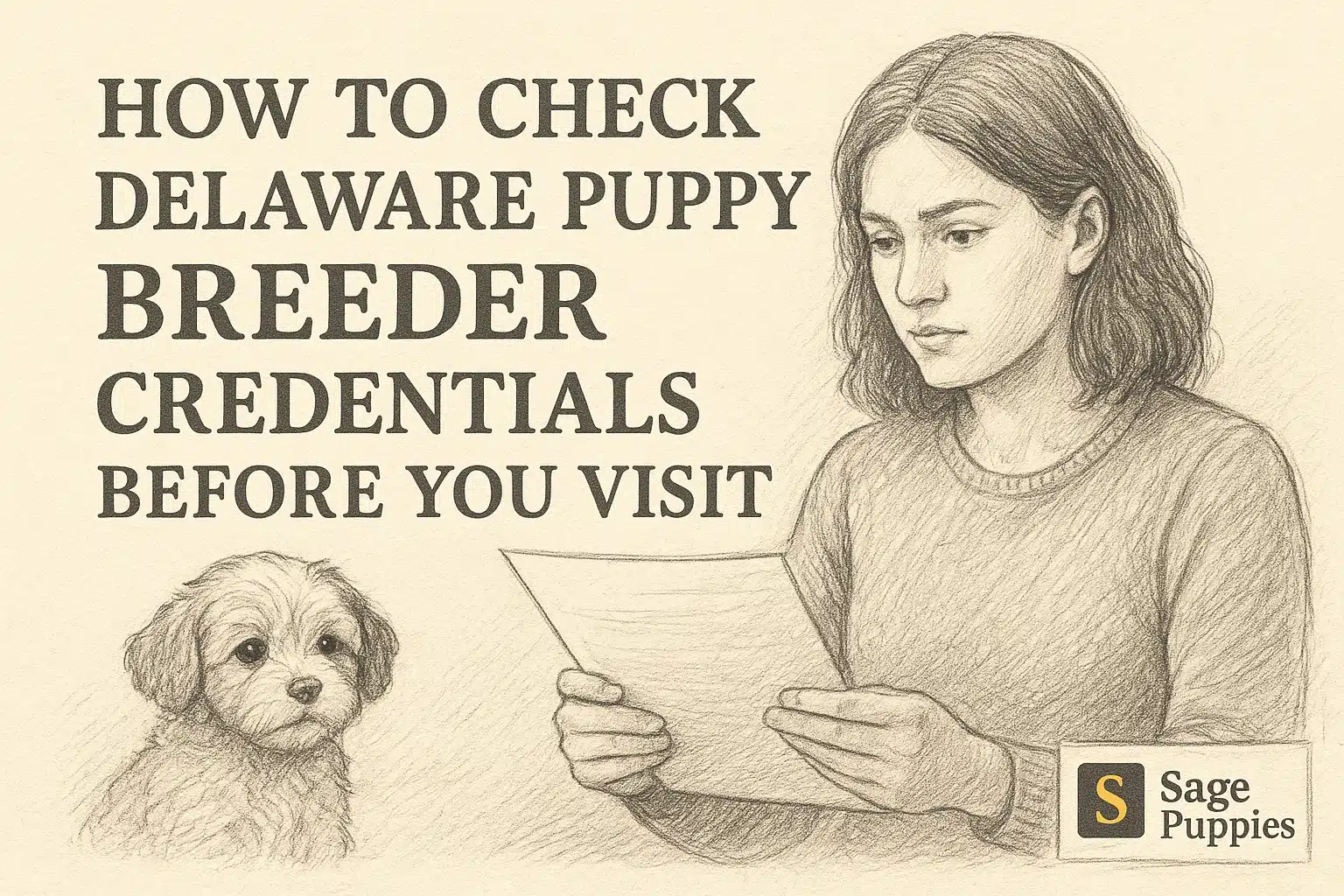 Pencil sketch illustration of a young woman reading a document about how to check Delaware puppy breeder credentials, with a fluffy puppy looking at the viewer. The Sage Puppies logo is in the bottom right corner.