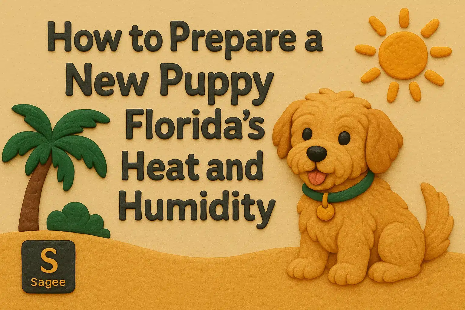 Claymation illustration of a happy golden puppy sitting next to a palm tree, with the text "How to Prepare a New Puppy Florida's Heat and Humidity" and a sun graphic.